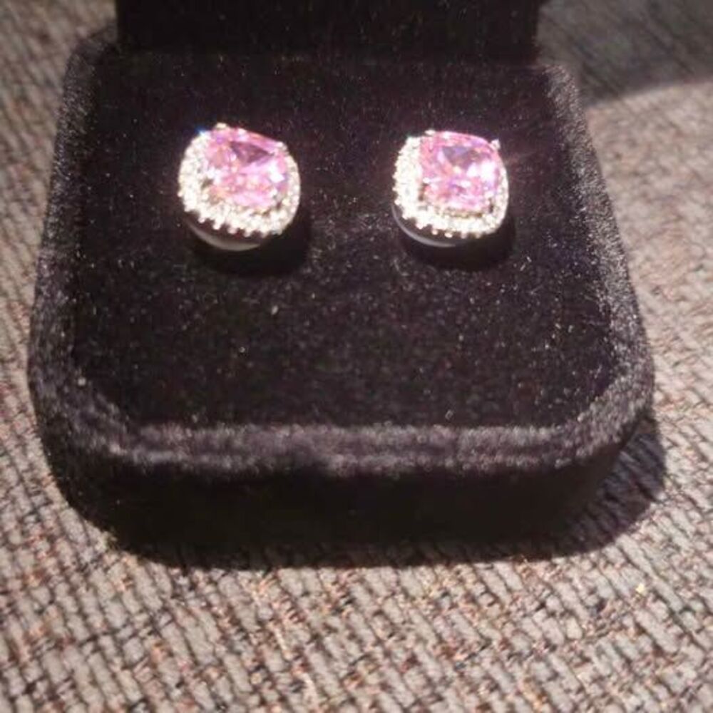 2ct VVS1 Pink Moissanite Halo Stud Earrings • Sterling Silver
